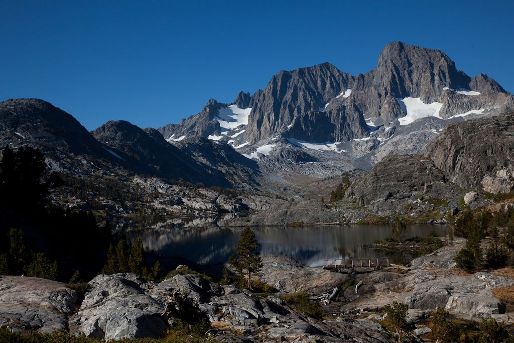 View of Garnet Lake, JMT bridge and Mount Ritter.