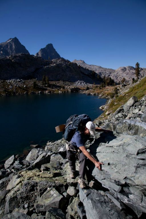 Dale navigating the talus field.