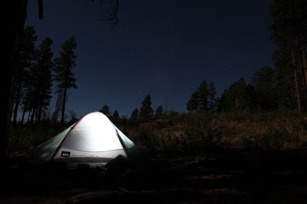 Night shot of camp.